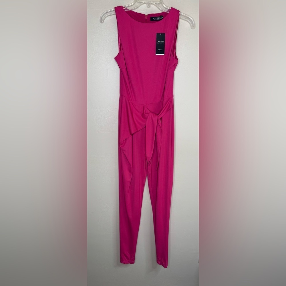 NWT Lauren Ralph Lauren Pink Zippered Self Tie Waist Sleeveless Jumpsuit Size 0 - Picture 2 of 13